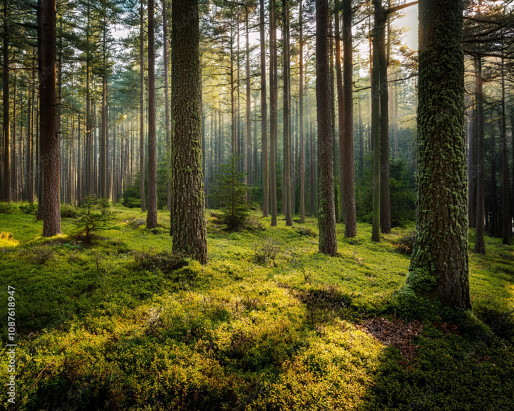 A dense pine forest shrouded in morning fog, with tall trees and lush grass, creating a mysterious atmosphere, ai.