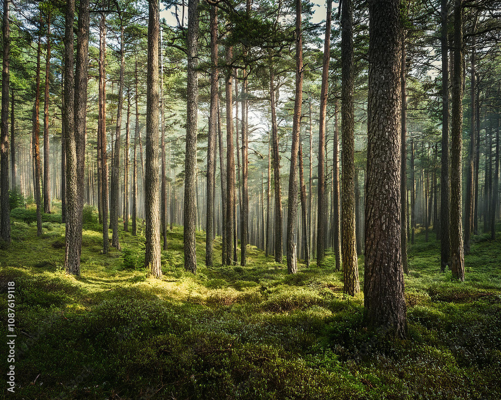 Naklejka premium A dense pine forest shrouded in morning fog, with tall trees and lush grass, creating a mysterious atmosphere, ai.