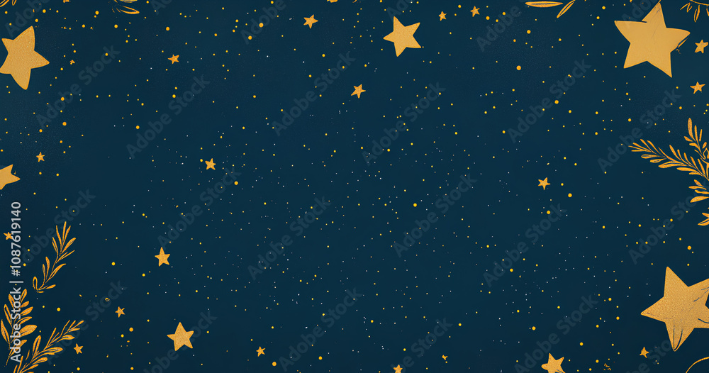 Starry night sky with golden stars on a navy blue background, stars in various sizes and shapes scattered across the canvas, with some small leaves or flowers delicately drawn around the edges of the Starry night sky with golden stars on a navy blue background, stars in various sizes and shapes scattered across the canvas, with some small leaves or flowers delicately drawn around the edges of the