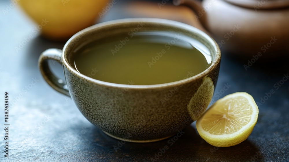 Freshly Brewed Herbal Tea in a Rustic Cup with a Slice of Lemon on a Dark Surface Surrounded by Teapot and Citrus Fruit Freshly Brewed Herbal Tea in a Rustic Cup with a Slice of Lemon on a Dark Surface Surrounded by Teapot and Citrus Fruit
