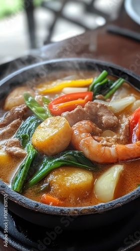 Enjoy a steaming bowl of sinigang filled with shrimp, tender meat, and vibrant vegetables photo