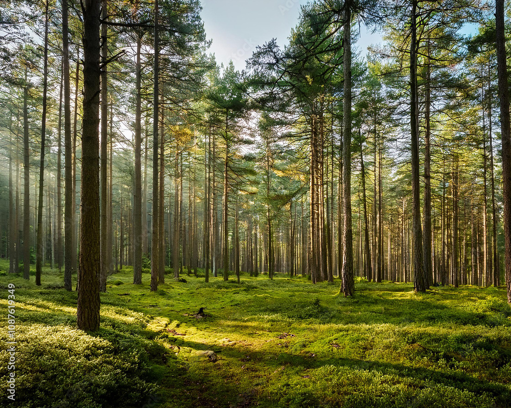 Obraz premium A misty pine forest at dawn, featuring towering trees and green grass, creating an enchanting and atmospheric scene, ai.