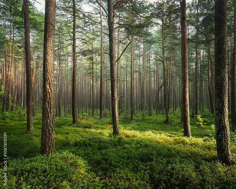 A misty pine forest at dawn, featuring towering trees and green grass, creating an enchanting and atmospheric scene, ai. A misty pine forest at dawn, featuring towering trees and green grass, creating an enchanting and atmospheric scene, ai.