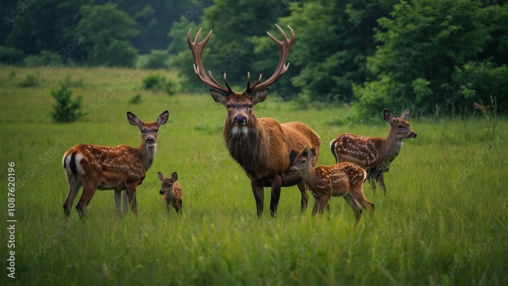 Naklejka premium A majestic stag stands tall in a lush meadow, surrounded by its curious fawns as they graze on the vibrant green grass.