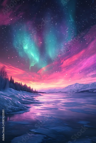 Wallpaper Mural A captivating view the Northern Lights illuminating the night sky over a frozen lake, showcasing vibrant colors dancing above a serene winter landscape. Torontodigital.ca