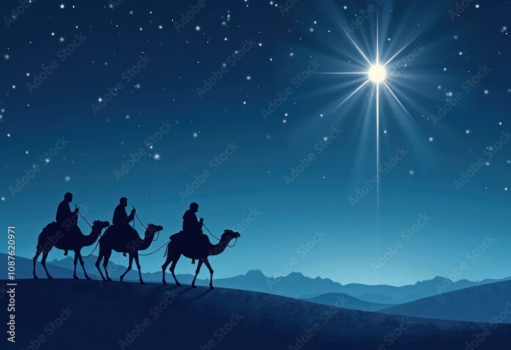 Three wise men riding camels following a star in the desert at night Three wise men riding camels following a star in the desert at night