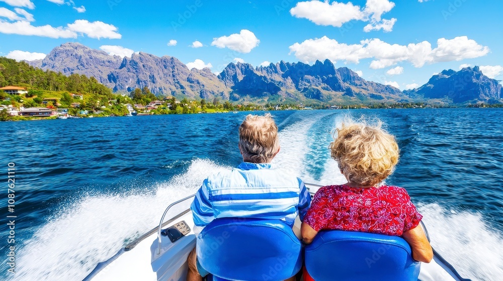 Fototapeta premium Seniors enjoying a scenic boat ride on a beautiful lake