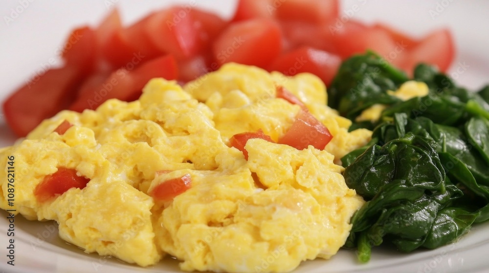 Scrambled Eggs with Fresh Tomatoes and Sautéed Spinach on a White Plate Perfect for Healthy Breakfast or Brunch Ideas in a Bright Kitchen Setting Scrambled Eggs with Fresh Tomatoes and Sautéed Spinach on a White Plate Perfect for Healthy Breakfast or Brunch Ideas in a Bright Kitchen Setting