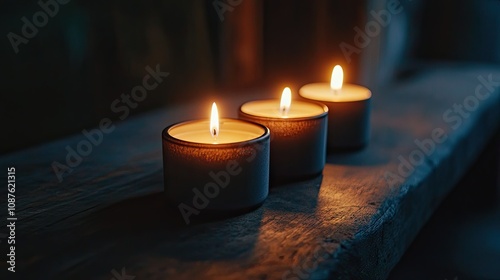 Three candles arranged in a row, burning gently in the dark, their flames casting a soft, calming glow.