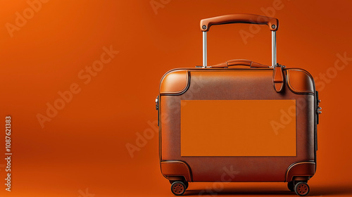 Luxury orange leather suitcase with telescopic handle against matching orange background, featuring wheels and reinforced corners for travel.