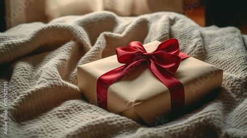 A beige gift box with a red ribbon, wrapped in soft fabric, sits on top of the bed