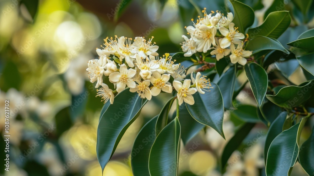 Delicate White Ficus Flowers Blooming on Lush Green Leaves Delicate White Ficus Flowers Blooming on Lush Green Leaves