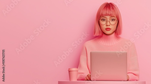 working in cafe on relaxation and creative concept. A young woman with pink hair and glasses sits at a pink table, focused on her laptop, surrounded by a monochromatic pink background.