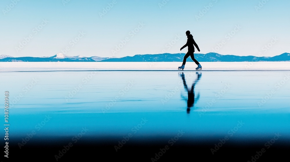 Fototapeta premium Serene ice skating on a frozen lake with mountains in the background