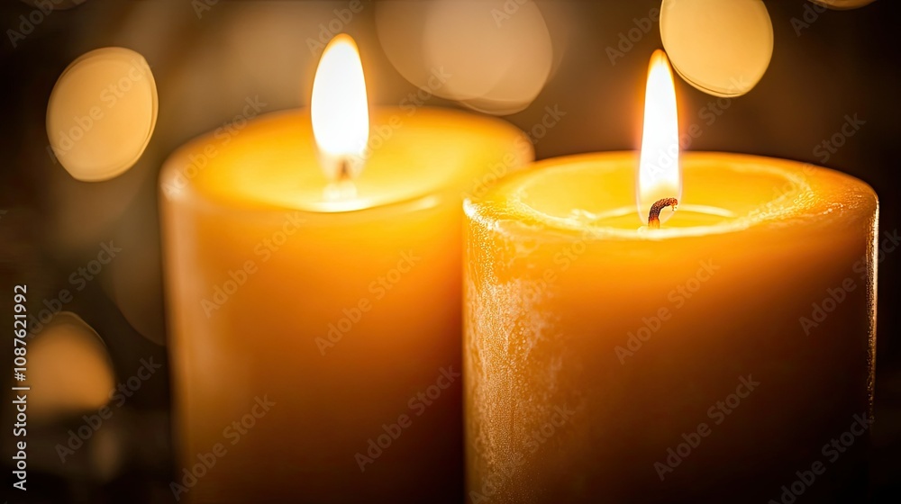 Two candles burning side by side in the dark, their flames casting soft shadows and a warm glow around them. Two candles burning side by side in the dark, their flames casting soft shadows and a warm glow around them.