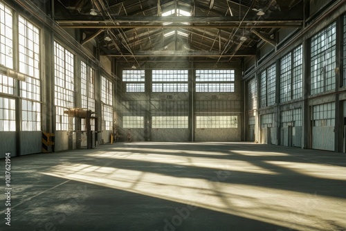 An empty industrial warehouse with large, clean windows