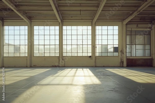 An empty industrial warehouse with large, clean windows