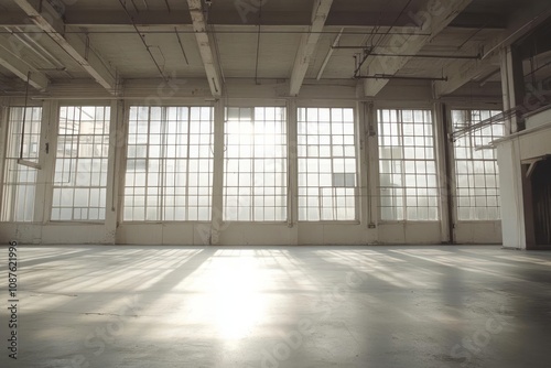 An empty industrial warehouse with large, clean windows