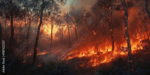 Eucalyptus forest engulfed in a bush fire, showcasing the intense flames and smoke of a bush fire, illustrating the impact of fire on eucalyptus vegetation and the surrounding environment. photo