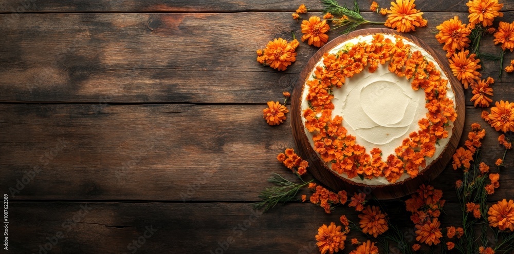 A beautifully decorated cake surrounded by vibrant orange flowers on a wooden table. A beautifully decorated cake surrounded by vibrant orange flowers on a wooden table.