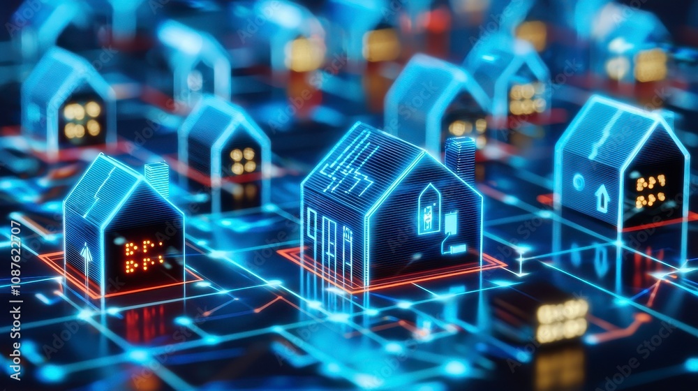 Futuristic representation of digital houses on a network grid Futuristic representation of digital houses on a network grid