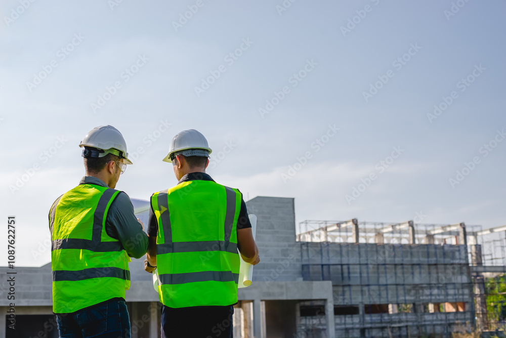 Two construction engineers inspect the progress of a building construction plan at a construction site.