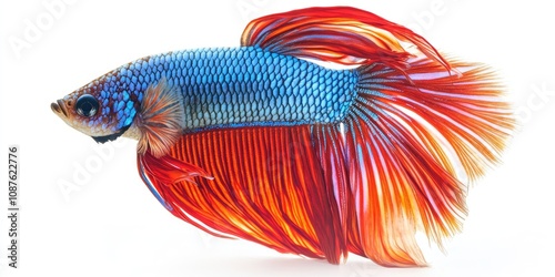 Closeup of a Betta Fish, showcasing the vibrant colors and intricate details of this Siamese fighting fish, isolated on a clean white background for optimal viewing of the Betta Fish features.