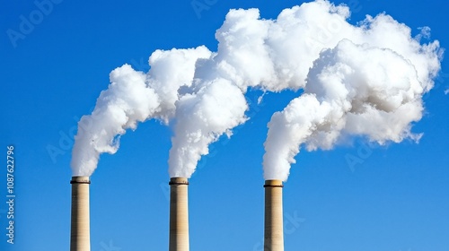 Billowing smoke from industrial chimneys against a clear blue sky