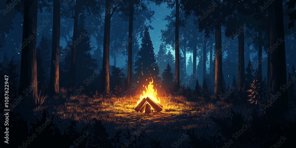 Mysterious dark forest featuring a cozy campfire at night, creating a warm ambiance amidst the shadows of the dark forest, perfect for storytelling and relaxation in the wilderness. Mysterious dark forest featuring a cozy campfire at night, creating a warm ambiance amidst the shadows of the dark forest, perfect for storytelling and relaxation in the wilderness.