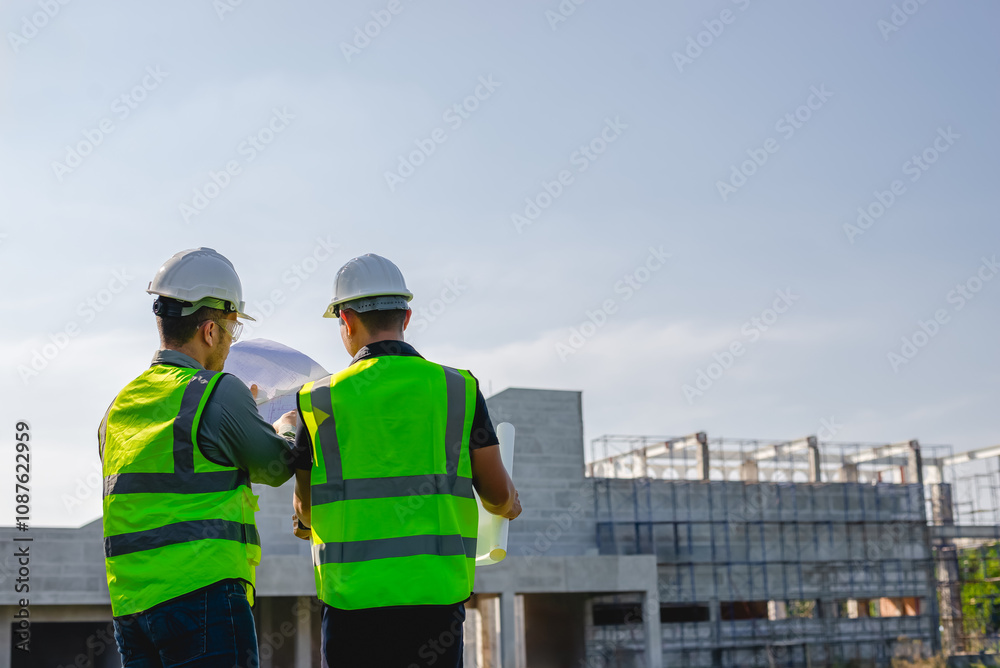 Two construction engineers inspect the progress of a building construction plan at a construction site. Two construction engineers inspect the progress of a building construction plan at a construction site.