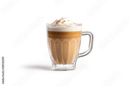 A glass mug filled with layered coffee topped with whipped cream and caramel drizzle.