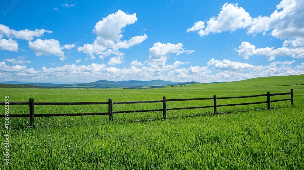 Fototapeta premium A vibrant landscape featuring lush green grass, a wooden fence, and a blue sky dotted with fluffy white clouds.