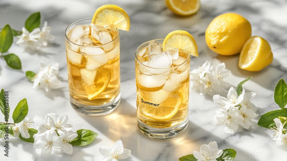 Two glasses of iced tea with lemon slices, surrounded by flowers and lemons on a marble surface.