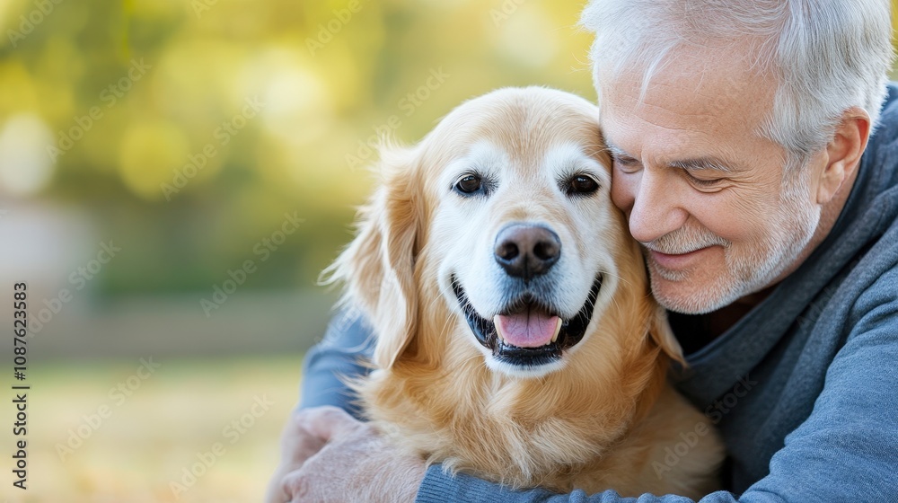 A senior man joyfully embracing his loyal golden retriever outdoors. A senior man joyfully embracing his loyal golden retriever outdoors.