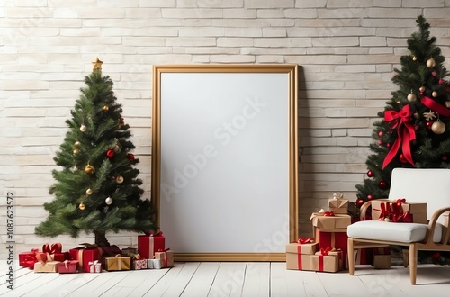 Stunning vertical Christmas blanket mockup on a festive wall background - perfect for stock sites. photo