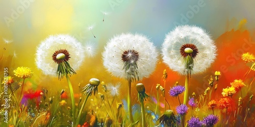 Dandelion bush adorned with fluffy white flowers and buds thrives amidst a vibrant field of wildflowers, showcasing the beauty of dandelions in nature s colorful landscape. photo