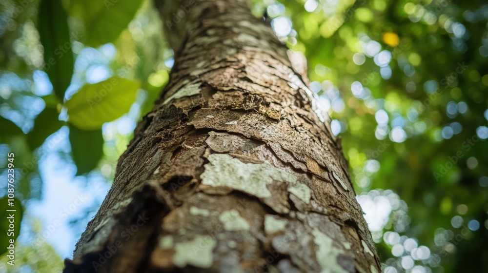Closeup Tree Trunk Texture, Lush Green Canopy, Sunlight, Nature Scene Closeup Tree Trunk Texture, Lush Green Canopy, Sunlight, Nature Scene