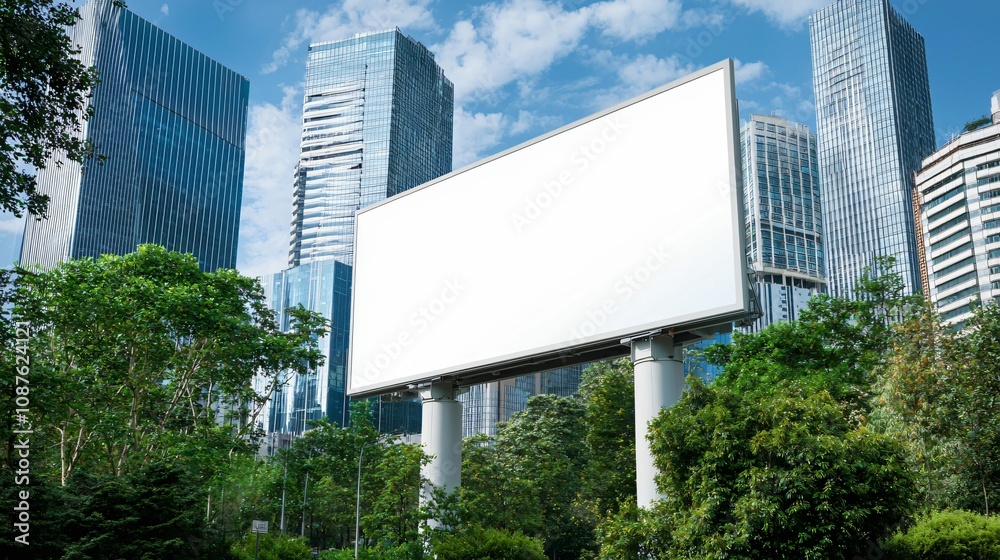 custom made wallpaper toronto digitalFree blank billboard mockup. A blank billboard stands amidst modern skyscrapers and greenery, showcasing an urban environment with a blend of nature and city life.