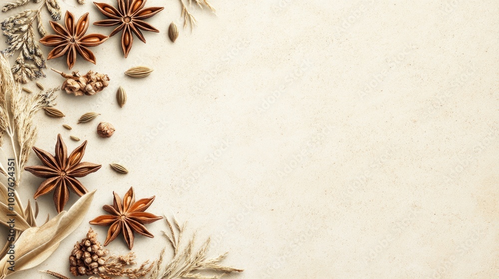 A decorative arrangement of spices and herbs on a textured background. A decorative arrangement of spices and herbs on a textured background.