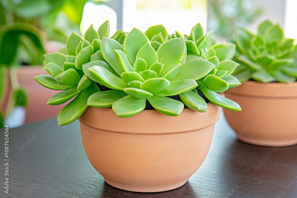 Close-up of terracotta pottery with vibrant green succulents on a dark wooden table in soft natural lighting Close-up of terracotta pottery with vibrant green succulents on a dark wooden table in soft natural lighting