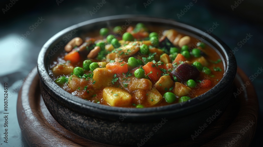 A steaming bowl of vegetable stew with peas, carrots, and spices in a rustic dish. A steaming bowl of vegetable stew with peas, carrots, and spices in a rustic dish.