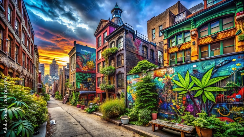 Fototapeta premium Urban Architectural Photography Showcasing Striking Weed Graffiti on City Walls with Vivid Colors and Unique Designs in a Gritty Urban Environment Capturing Street Art Culture