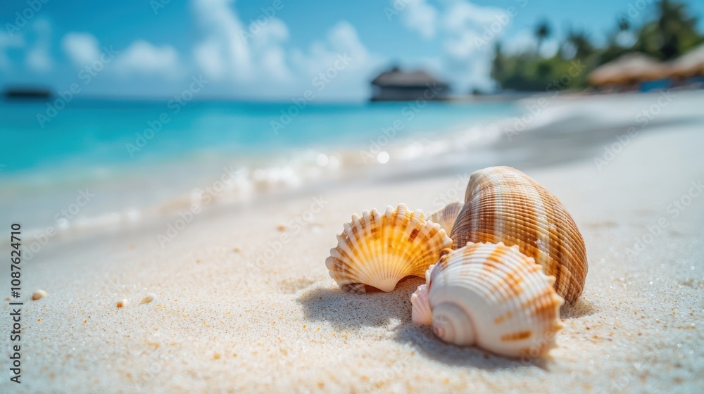 Seashells on Tropical Beach Sand, Ocean Waves, Sunny Day Seashells on Tropical Beach Sand, Ocean Waves, Sunny Day