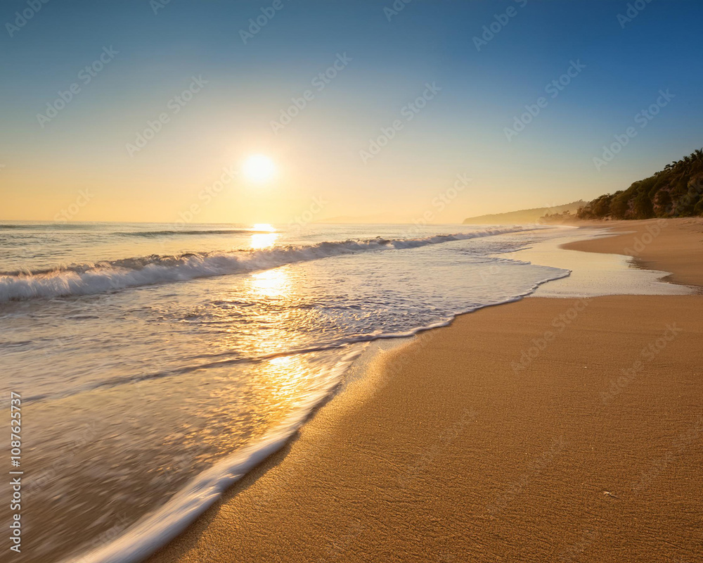 Sunset on a tranquil beach, with soft waves and golden light reflecting on the smooth sand, ai. Sunset on a tranquil beach, with soft waves and golden light reflecting on the smooth sand, ai.