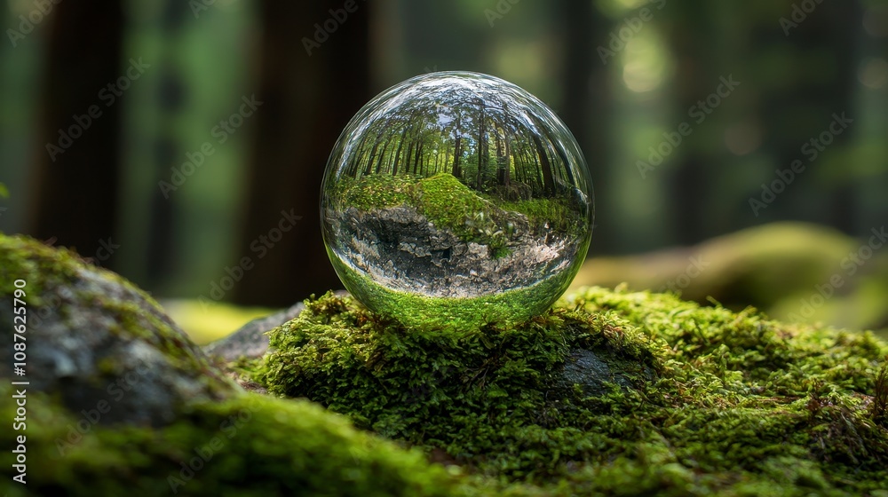 Crystal orb reflecting a serene forest scene on mossy ground Crystal orb reflecting a serene forest scene on mossy ground