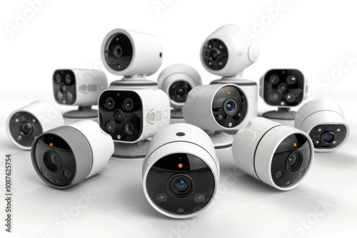 Multiple security cameras, diverse in shape and size, are arranged casually on a plain white background photo