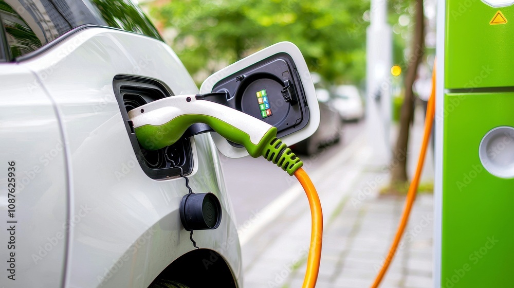 Electric vehicle charging station with a plugged-in charger Electric vehicle charging station with a plugged-in charger
