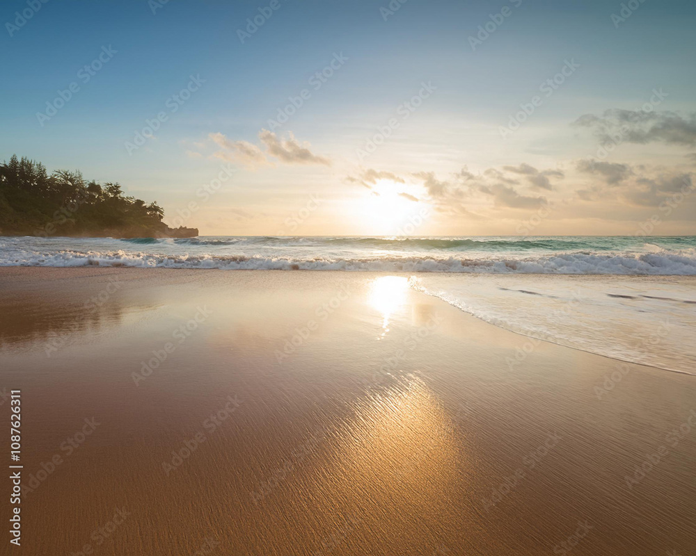 Fototapeta premium Serene beach at sunset with gentle waves lapping the shore and golden light illuminating the smooth sand, ai.