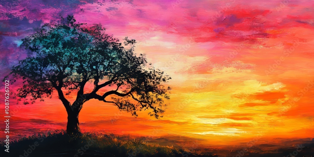 Vibrant sunset hues create a stunning backdrop for a tree silhouette, illustrating the beauty of nature during a colorful sunset. Experience the enchanting charm of a colorful sunset with tree