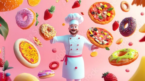 A whimsical chef in a cartoon-like style, placed on a pastel pink background, is surrounded by floating food items like animated pizza slices.